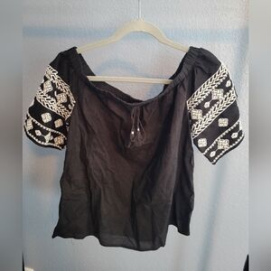 Old Navy Black and White Off The Shoulder Embroidered Top